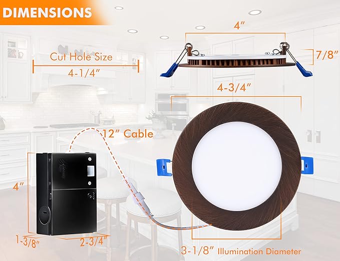 CLOUDY BAY Ultra Thin LED Recessed Ceiling Light,4 inch 3000K/ 4000K/ 5000K,Dimmable 10W CRI90+,Canless Light with Junction Box,IC Rated, Canless Wafer Downlight,Oil Rubbed Bronze,Damp Rated,6 Pack CLOUDYBAY