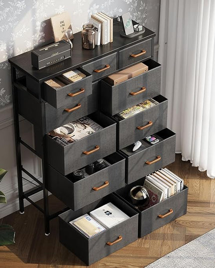AODK Dresser with Charging Station, 52 Inches Tall Dresser for Bedroom with 11 Storage Drawers, Large Fabric Dressers for Living Room, Hallway, Dark Grey - LeafyLoom
