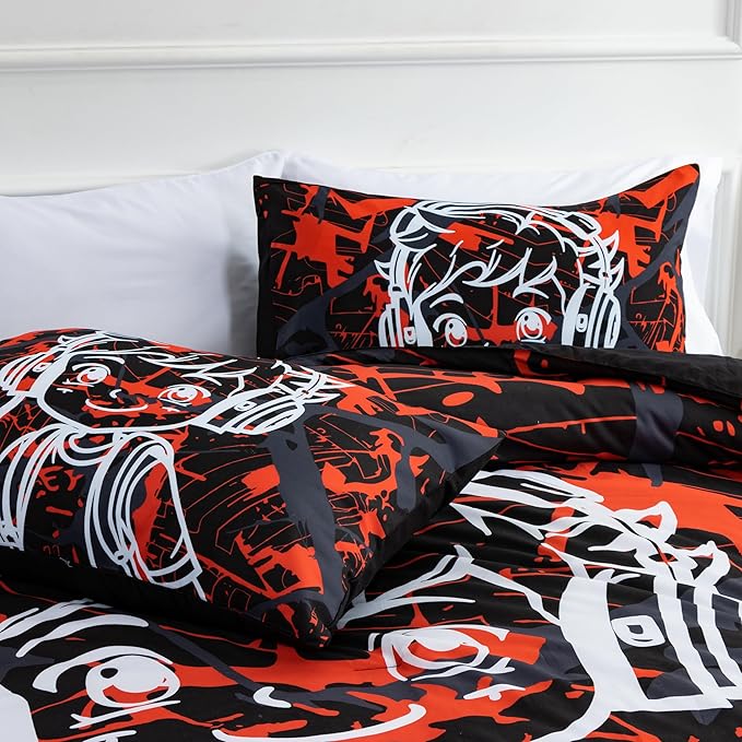 Btargot Colorful Camouflage Graffiti Style Comforter Set, 3 Piece Headphone Hip Hop Boy Line Pattern Bedding Set for Kids Boys Grils Teen, Twin Red - LeafyLoom