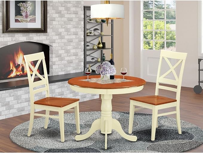 East West Furniture Antique 3 Piece Set Contains a Round Dining Room Table with Pedestal and 2 Wood Seat Chairs, 36x36 Inch, Buttermilk & Cherry - LeafyLoom