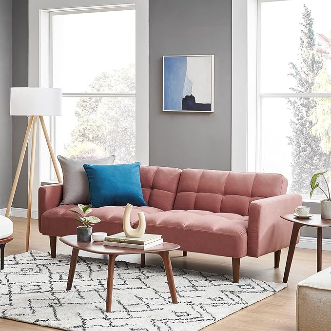 mopio Aaron Couch, Small Sofa, Futon, Sofa Bed, Sleeper Sofa, Loveseat, Mid Century Modern Futon Couch, Sofa Cama, Couches for Living Room, Bedroom (Old Rosa, Velvet) - LeafyLoom