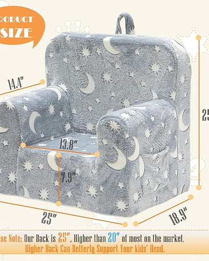 Snuggly-Soft Cuddly Toddler Plush Armchair for Boys and Girls Fuzzy Plush Kids Sofa Couch Reading Chair with Children Friendly Handle for Easy Movement & Double Pockets for Storage, Glowing Grey - LeafyLoom