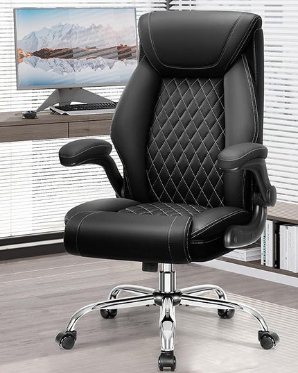 Office Chair, Ergonomic High Back Home Office Desk Chair, Big and Tall Breathable Leather Office Chair with Lumbar Support Flip-Up Armrests, Computer Chair with Rocking Function - LeafyLoom