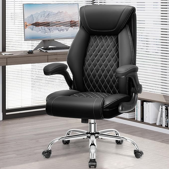 Office Chair, Ergonomic High Back Home Office Desk Chair, Big and Tall Breathable Leather Office Chair with Lumbar Support Flip-Up Armrests, Computer Chair with Rocking Function - LeafyLoom