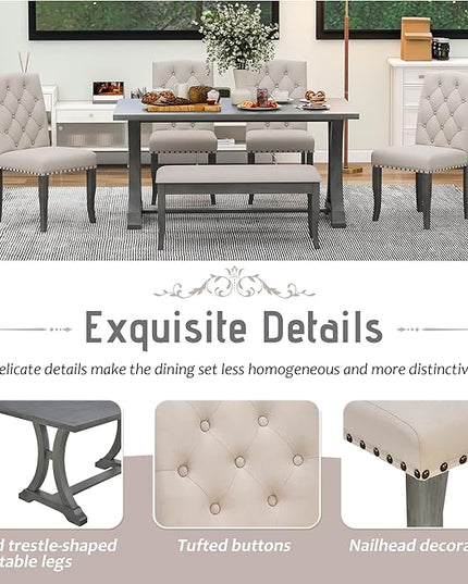 60 Inch Dining Table Set for 6, Farmhouse Rectangular Trestle Dining Table with 4 Upholstered Chairs & 1 Bench, Dining Room Table Set for Dining Room/Living Room, Antique Grey - LeafyLoom