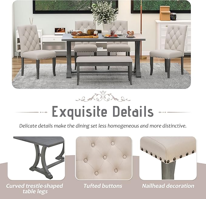 60 Inch Dining Table Set for 6, Farmhouse Rectangular Trestle Dining Table with 4 Upholstered Chairs & 1 Bench, Dining Room Table Set for Dining Room/Living Room, Antique Grey - LeafyLoom