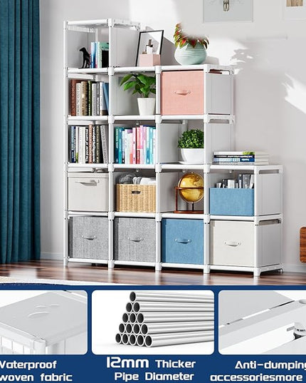 Mavivegue Book Shelf, 16 Cube Storage Organizer, Metal Cube Bookshelf, DIY Bookcase, Tall Book case for Bedroom, Living Room, Office, Closet Storage Organizer, Black Cubicle Storage Rack-White - LeafyLoom