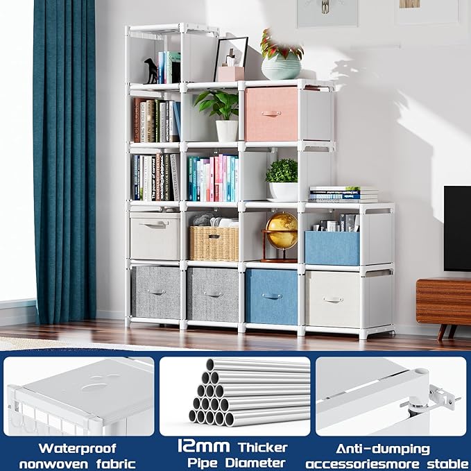 Mavivegue Book Shelf, 16 Cube Storage Organizer, Metal Cube Bookshelf, DIY Bookcase, Tall Book case for Bedroom, Living Room, Office, Closet Storage Organizer, Black Cubicle Storage Rack-White - LeafyLoom