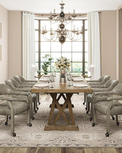 Dining Chairs with Casters and Arms, Large Rolling Dining Chairs with Wheels, Solid Wood Boss Caption's Chairs Office Desk Chairs, 26" D x25.2 W x 31.5" H, Soft Light Grey PU SY-1318-UA - LeafyLoom