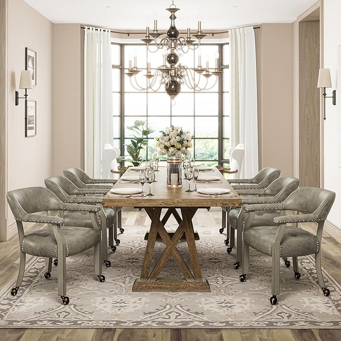 Dining Chairs with Casters and Arms, Large Rolling Dining Chairs with Wheels, Solid Wood Boss Caption's Chairs Office Desk Chairs, 26" D x25.2 W x 31.5" H, Soft Light Grey PU SY-1318-UA - LeafyLoom