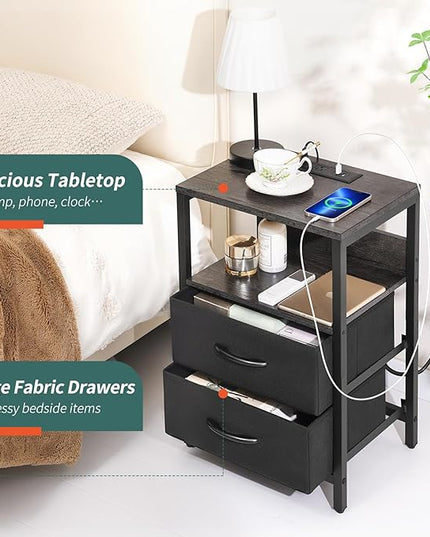 Yoobure Nightstand with Charging Station, Small Night Stand with Fabric Drawers and Storage Shelf for Bedrooms, Nightstands for Small Spaces, Bedside Table with USB Ports & Outlets, Bed Side Table - LeafyLoom