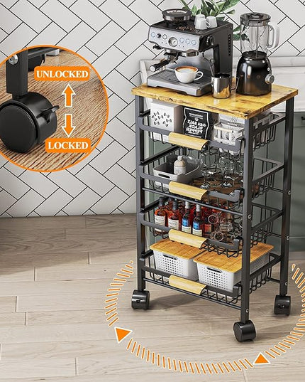 Wisdom Star 5 Tier Fruit Basket for Kitchen, Vegetable Storage Cart with Wooden Tabletop, Vegetable Basket Bins for Onions and Potatoes, Wire Storage Basket Organizer Utility Cart with Wheels, Black - LeafyLoom