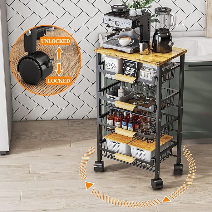 Wisdom Star 5 Tier Fruit Basket for Kitchen, Vegetable Storage Cart with Wooden Tabletop, Vegetable Basket Bins for Onions and Potatoes, Wire Storage Basket Organizer Utility Cart with Wheels, Black - LeafyLoom