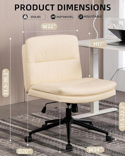 Armless Office Chair with Wheels Wide Desk Chair Leather Mid Back Accent Chair Padded Swivel Vanity Chair for Girl Women Computer Task Chair for Home Office (Leather, Beige) - LeafyLoom