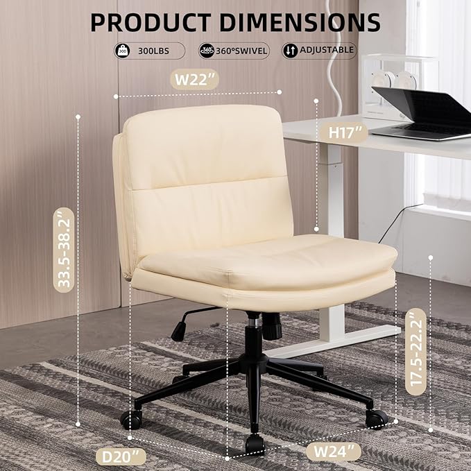 Armless Office Chair with Wheels Wide Desk Chair Leather Mid Back Accent Chair Padded Swivel Vanity Chair for Girl Women Computer Task Chair for Home Office (Leather, Beige) - LeafyLoom