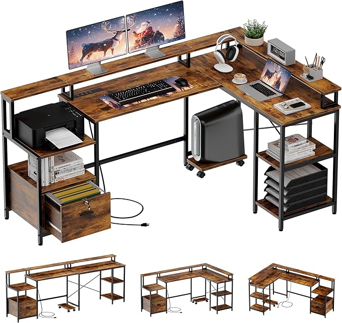 IDEALHOUSE L Shaped Desk - 76" Reversible L Shaped Computer Desk with File Drawer, Office Desk with Power Outlet, L Shaped Gaming Desk with Monitor Shelf, Corner Desk for Home Office, Vintage Brown - LeafyLoom