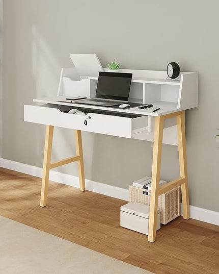 Roma Writing Desk - Elegant Wood Study Desk With Storage, Cable Holes & Drawers - Work Table for Home, Office, Dorm, Small Spaces - Compact Black Desk, 40x19x36.9” (white) - LeafyLoom