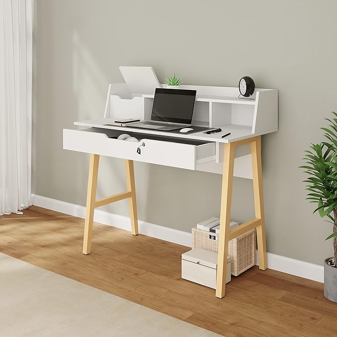 Roma Writing Desk - Elegant Wood Study Desk With Storage, Cable Holes & Drawers - Work Table for Home, Office, Dorm, Small Spaces - Compact Black Desk, 40x19x36.9” (white) - LeafyLoom