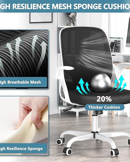 Office Desk Chair with Lumbar Support Ergonomic Mesh Office Chair with Wheels and Flip-up Armrests Adjustable Height Swivel Computer Chair for Home and Office (White) - LeafyLoom
