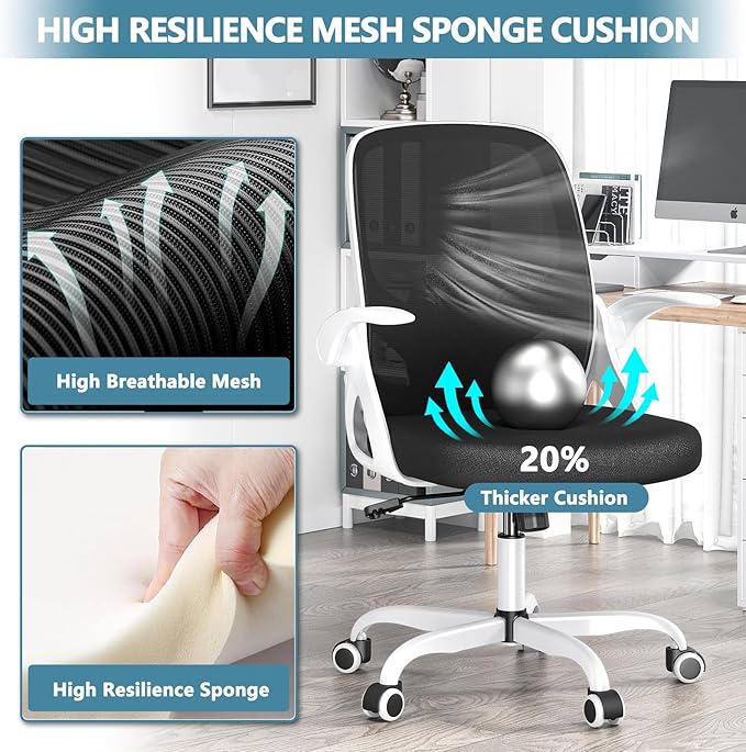 Office Desk Chair with Lumbar Support Ergonomic Mesh Office Chair with Wheels and Flip-up Armrests Adjustable Height Swivel Computer Chair for Home and Office (White) - LeafyLoom
