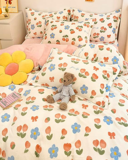 MorroMorn Twin Bedding Sets, Pink Tulips Floral Duvet Cover Set, Plush Fluffy Comforter Covers Lightweight Blanket Ultra Soft Cute for Girls Kids Toddler Teen Preppy Twin/Twin XL Size - LeafyLoom