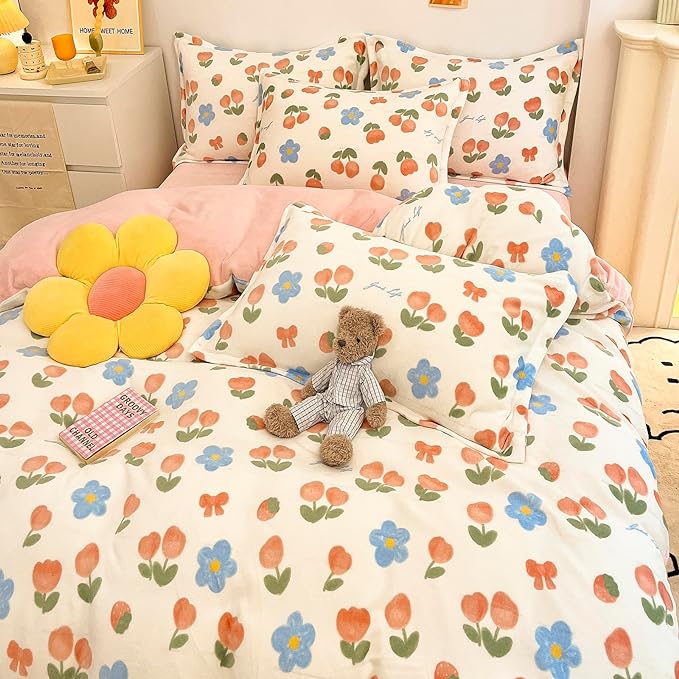 MorroMorn Twin Bedding Sets, Pink Tulips Floral Duvet Cover Set, Plush Fluffy Comforter Covers Lightweight Blanket Ultra Soft Cute for Girls Kids Toddler Teen Preppy Twin/Twin XL Size - LeafyLoom