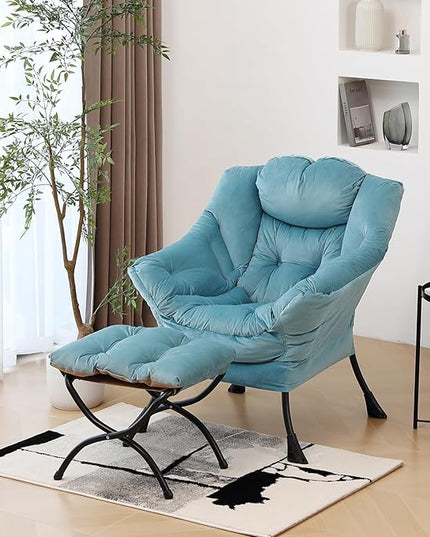 Lazy Chair with Ottoman, Modern Chair with Folding Footrest, Lounge Accent Chair, Comfortable Reading Chair (Light Blue) - LeafyLoom