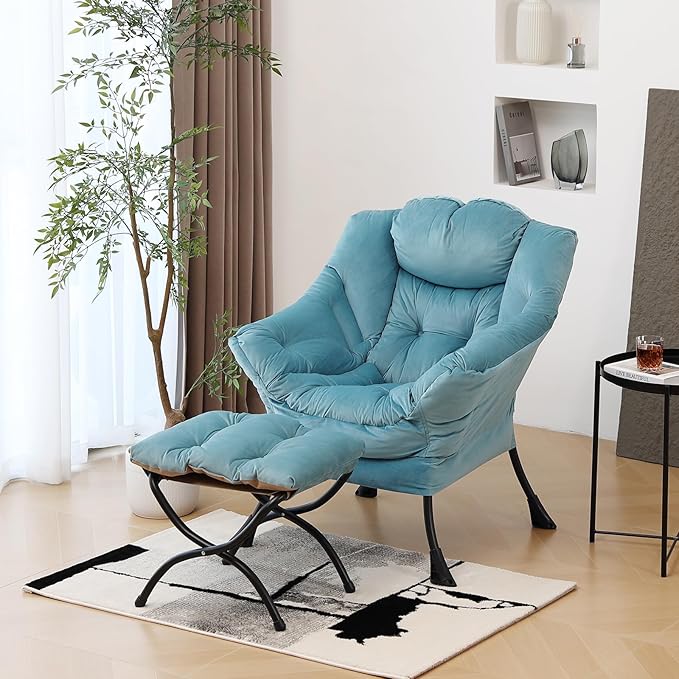 Lazy Chair with Ottoman, Modern Chair with Folding Footrest, Lounge Accent Chair, Comfortable Reading Chair (Light Blue) - LeafyLoom