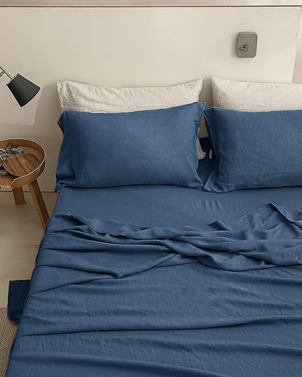 Simple&Opulence 100% Linen Sheet Set Solid Color-3 Pcs Washed French Linen Bed Sheets-Breathable Bedding Set-1 Flat Sheet,1 Fitted Sheet,1 Pillowcase (Twin,Blue) - LeafyLoom