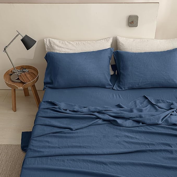 Simple&Opulence 100% Linen Sheet Set Solid Color-4 Pcs Washed French Linen Bed Sheets-Breathable Bedding Set-1 Flat Sheet,1 Fitted Sheet,2 Pillowcases (Full,Blue) - LeafyLoom