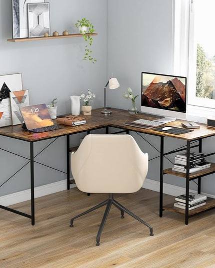 L-Shaped Home Office Desk, Corner Computer Desk w/Monitor Stand, Reversible PC Desk w/Heavy-Duty Metal Frame, Long Office Desk for 2 Person, Space-Saving Design (Rustic Brown) - LeafyLoom
