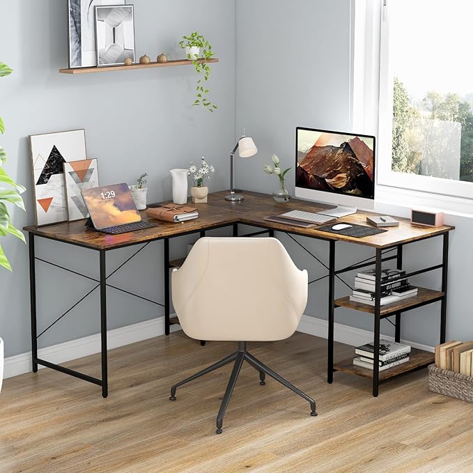 L-Shaped Home Office Desk, Corner Computer Desk w/Monitor Stand, Reversible PC Desk w/Heavy-Duty Metal Frame, Long Office Desk for 2 Person, Space-Saving Design (Rustic Brown) - LeafyLoom