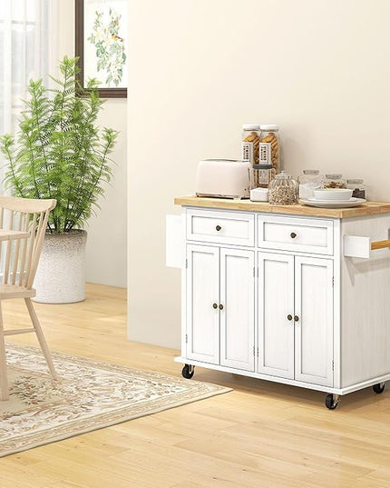 HOMCOM Kitchen Island on Wheels, Rolling Cart with Rubberwood Top, Spice Rack, Towel Rack and Drawers for Dining Room, Distressed White - LeafyLoom