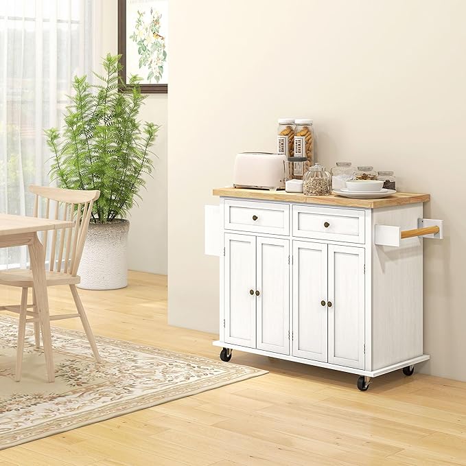 HOMCOM Kitchen Island on Wheels, Rolling Cart with Rubberwood Top, Spice Rack, Towel Rack and Drawers for Dining Room, Distressed White - LeafyLoom