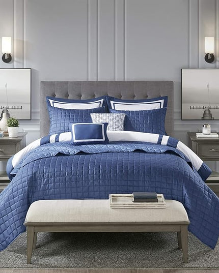 Madison Park Heritage Comforter Quilt Combo Set - Modern Luxury Design, All Season Down Alternative Bedding, Matching Shams, Decorative Pillows, King/Cal King(104"x92"), Color Block Navy 8 Piece - LeafyLoom