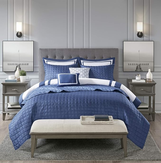 Madison Park Heritage Comforter Quilt Combo Set - Modern Luxury Design, All Season Down Alternative Bedding, Matching Shams, Decorative Pillows, King/Cal King(104"x92"), Color Block Navy 8 Piece - LeafyLoom