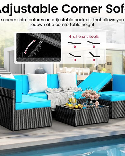 Pamapic 7-Piece Outdoor Furniture,All-Weather Wicker Modular Sectional Sofa with Patio Crystal Coffee Table, Adjustable Reclining Sectional Couch with Washable Removable Cushion Covers, Light Blue - LeafyLoom