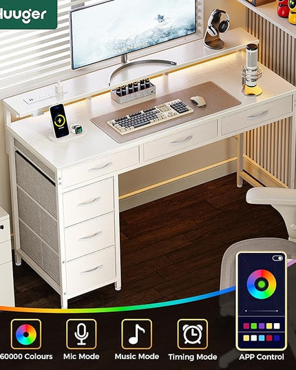 Gaming Desk with 6 Drawers, Computer Desk with LED Lights Power Outlets and Type-C, 39 Inch Office Desk with Storage, Monitor Stand, Writing Desk Work Desk Home Office, Bedroom, Study, White - LeafyLoom