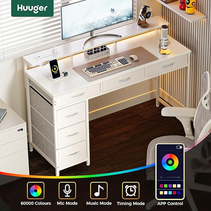 Gaming Desk with 6 Drawers, Computer Desk with LED Lights Power Outlets and Type-C, 39 Inch Office Desk with Storage, Monitor Stand, Writing Desk Work Desk Home Office, Bedroom, Study, White - LeafyLoom