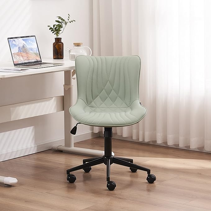 YOUNIKE Office Chair, Armless Desk Chair with Wheels, Home Office Computer Task Chairs, Modern Faux Leather Padded Vanity Chair, Adjustable Swivel Rolling Office Chair with Back, Mint Green - LeafyLoom