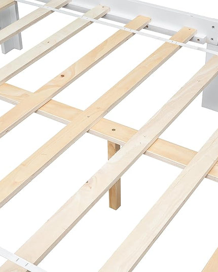 Full Bed with Footboard Bench, Full Kid Bed with Headboard, Wood Slat Support, Cute Kid Bed Frame with Book Storage Space, Full Car Bed for Boys Girls Bedroom, No Box Spring Needed, Grey - LeafyLoom