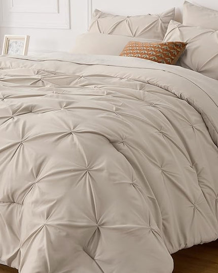 Bedsure California King Comforter Set - Cal King Bed Set 7 Pieces, Pinch Pleat Beige Cali King Bedding Set with Comforter, Sheets, Pillowcases & Shams - LeafyLoom