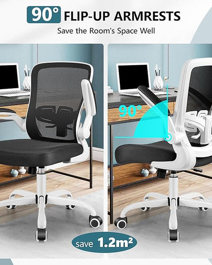 MINLOVE Office Chair Ergonomic Desk Chair with Adjustable Lumbar Support and Height, 90° Flip-up Armrests, Ergo Desk Chairs with Wheels, 360° Swivel Mesh Chair, Home Work Use (White) - LeafyLoom
