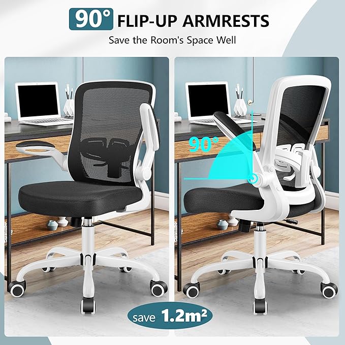 MINLOVE Office Chair Ergonomic Desk Chair with Adjustable Lumbar Support and Height, 90° Flip-up Armrests, Ergo Desk Chairs with Wheels, 360° Swivel Mesh Chair, Home Work Use (White) - LeafyLoom