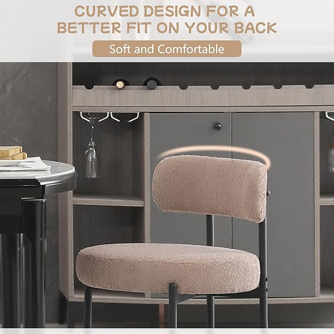 Light Brown Dining Chairs Set of 2 Round Upholstered Boucle Dining Room Chairs Mid-Century Modern Kitchen Chairs Curved Backrest Chairs for Dining Room Black Metal Legs - LeafyLoom