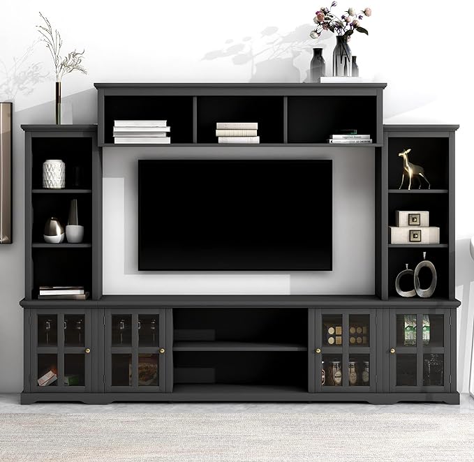 Four in One Entertainment Wall Unit w/Bridge, Multifunctional Stand for TVs Up to 70", Media Console Table with Tempered Glass Door for Living Room, 104 inch, Black - LeafyLoom