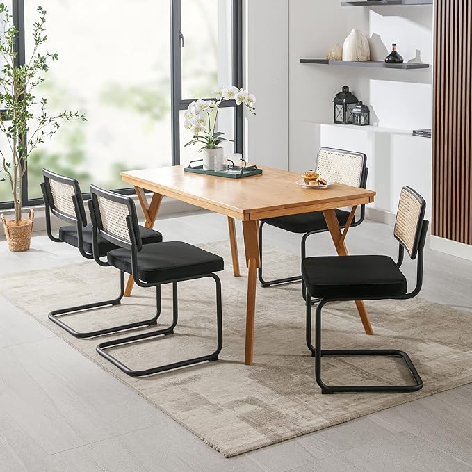 Zesthouse Rattan Dining Chairs 4pcs, Velvet Accent Chairs with Natural Cane Back & Stainless Chrome Base, Modern Mid Century Breuer Designed Chairs,Upholstered Dining Living Room Kitchen Chairs - LeafyLoom