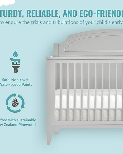 JPMA & Greenguard Gold Certified Milton 5-in-1 Convertible Crib Made with Sustainable New Zealand Pinewood in Pebble Grey, Non-Toxic Finish - LeafyLoom