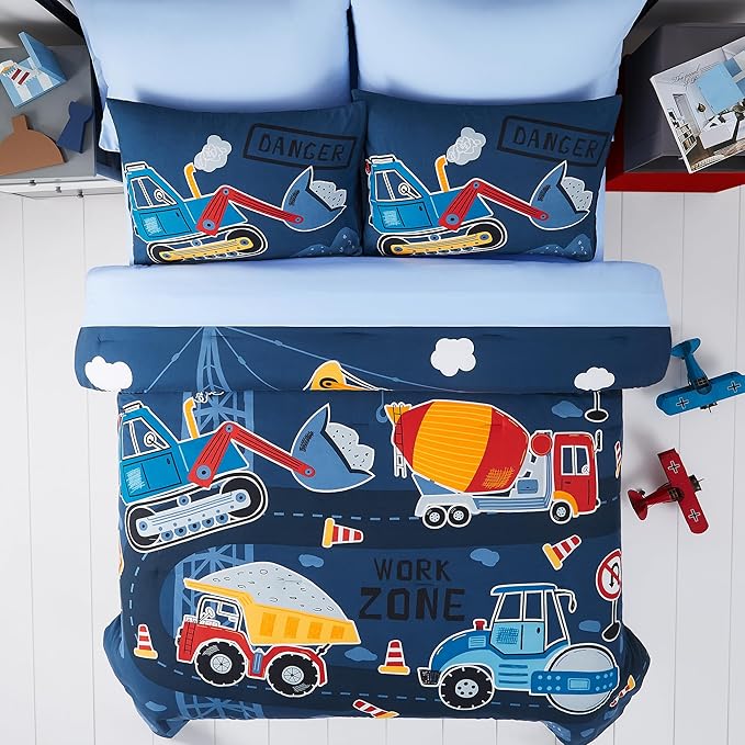 Truck Tractor Excavator Full Size Comforter Sets - Bedding Sets Full 7 Pieces for Boys, Glow in The Dark Bed in A Bag Full Size for Kids, Teens - LeafyLoom