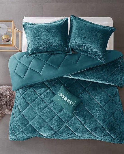 Intelligent Design King Duvet Cover Set, Velvet King Duvet Set, Luxury Diamond Quilting Teal Duvet Cover, Fluffy Duvet Cover with Decorative Pillow and 2 Shams, 4 Pieces, Teal, King/Cal King - LeafyLoom